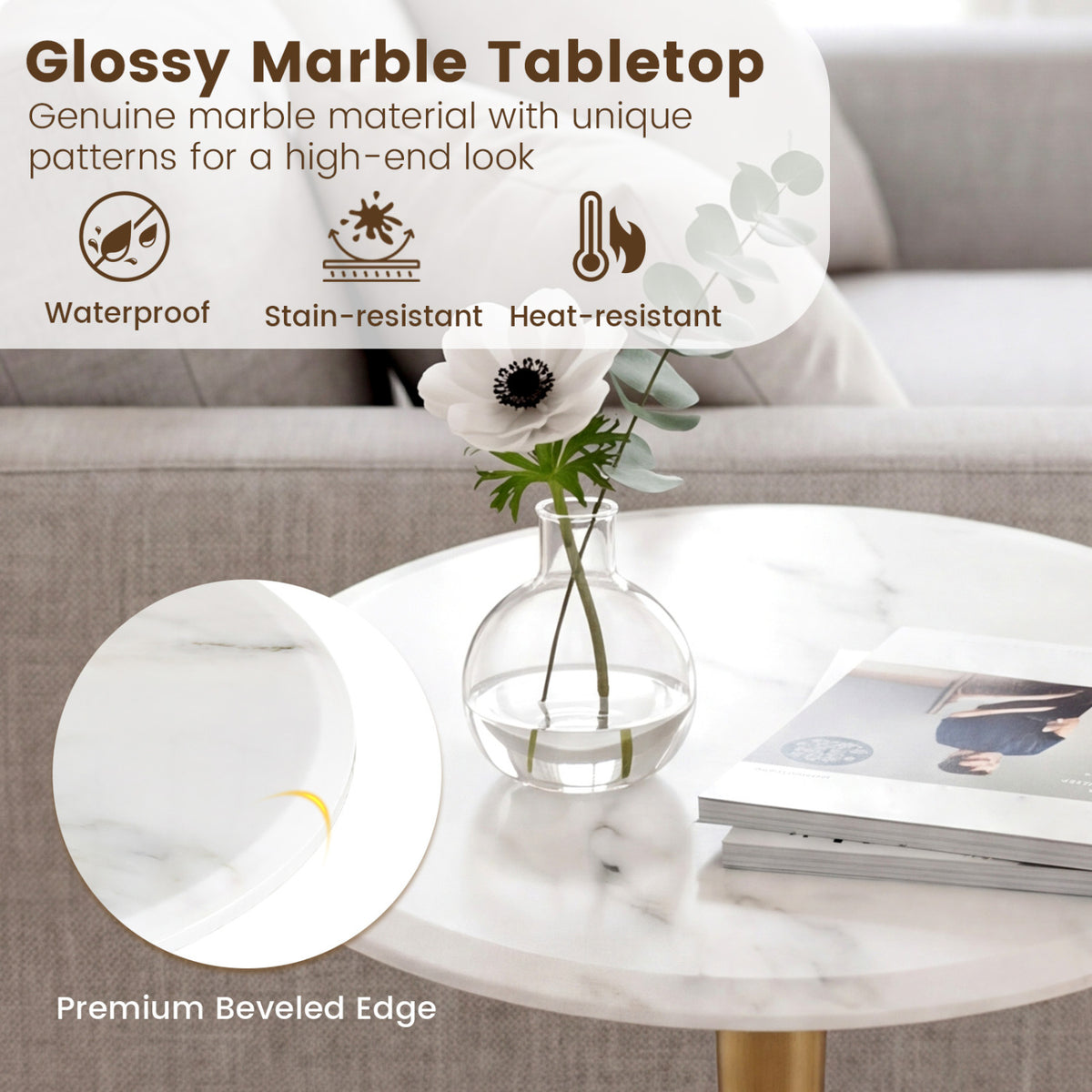 Round Marble Side Table with Wooden Base, Golden – White & Gold