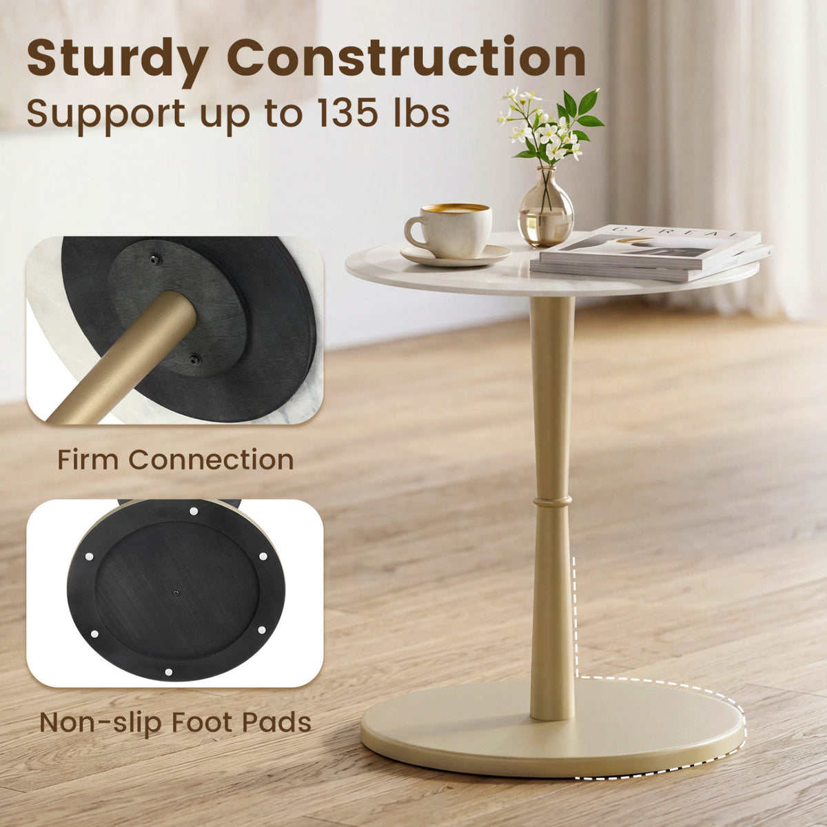 Round Marble Side Table with Wooden Base, Golden – White & Gold