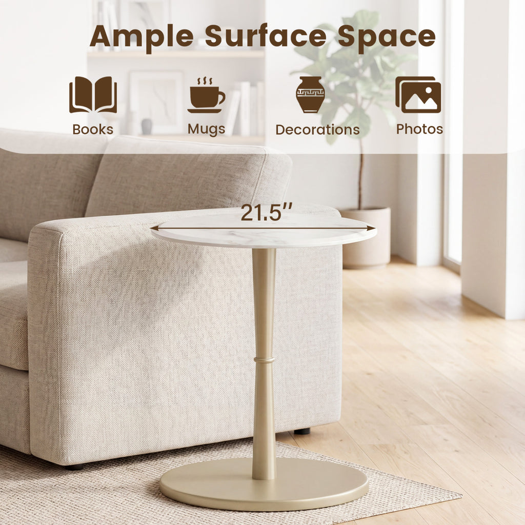 Round Marble Side Table with Wooden Base, Golden – White & Gold