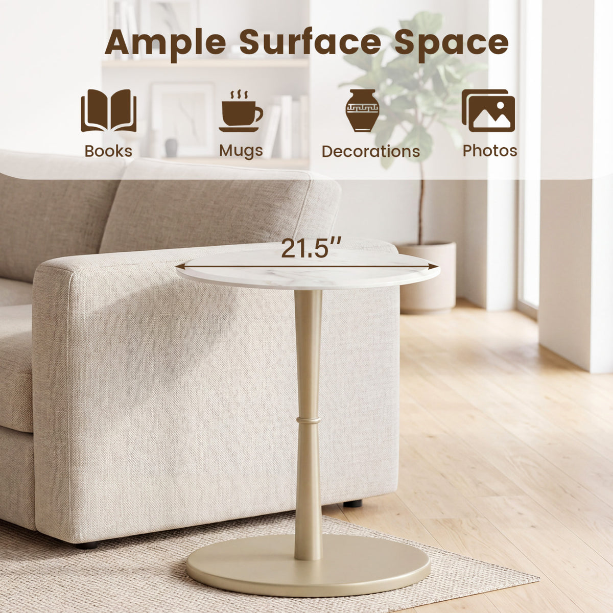 Round Marble Side Table with Wooden Base, Golden – White & Gold