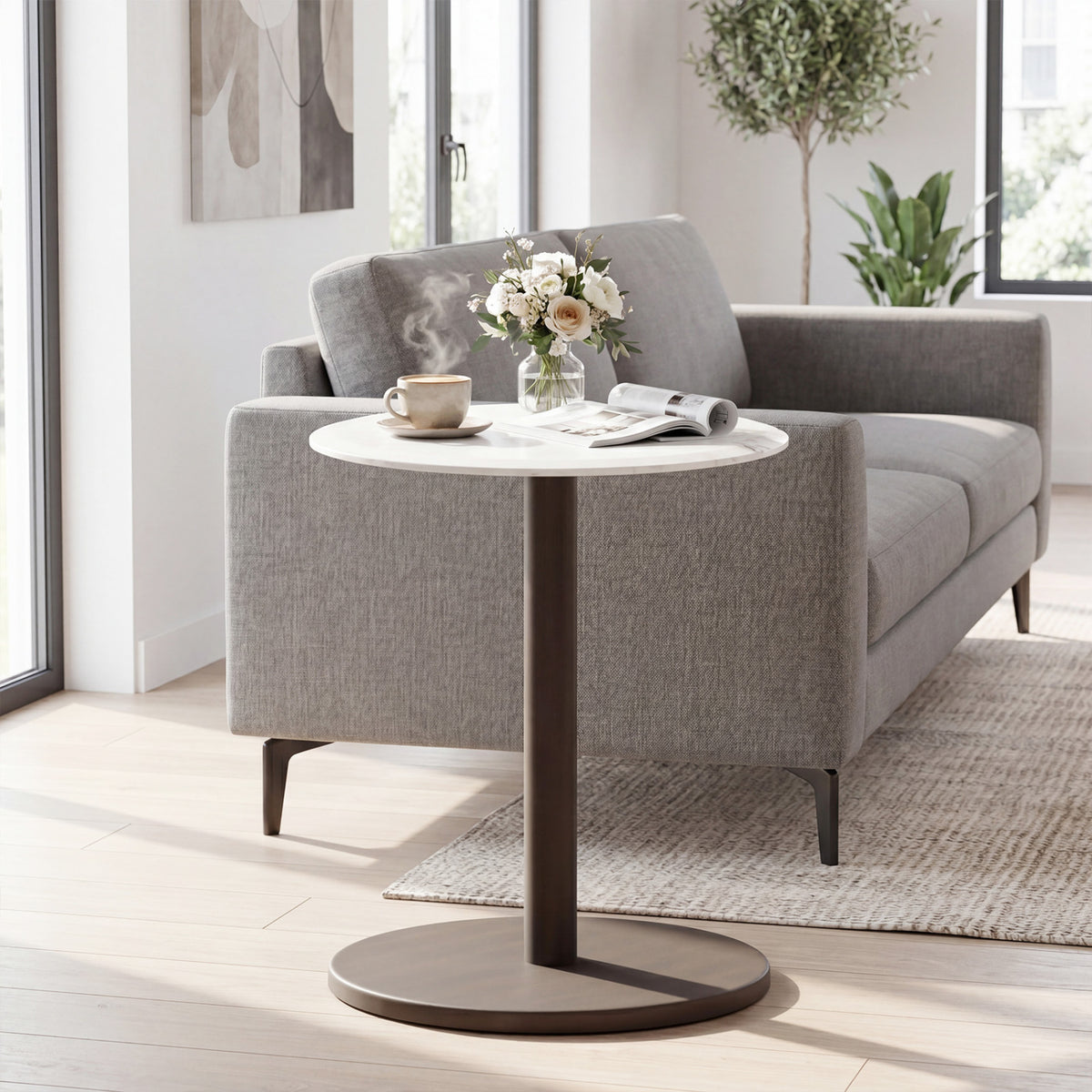 Round Marble Side Table - Black Base, Black & White