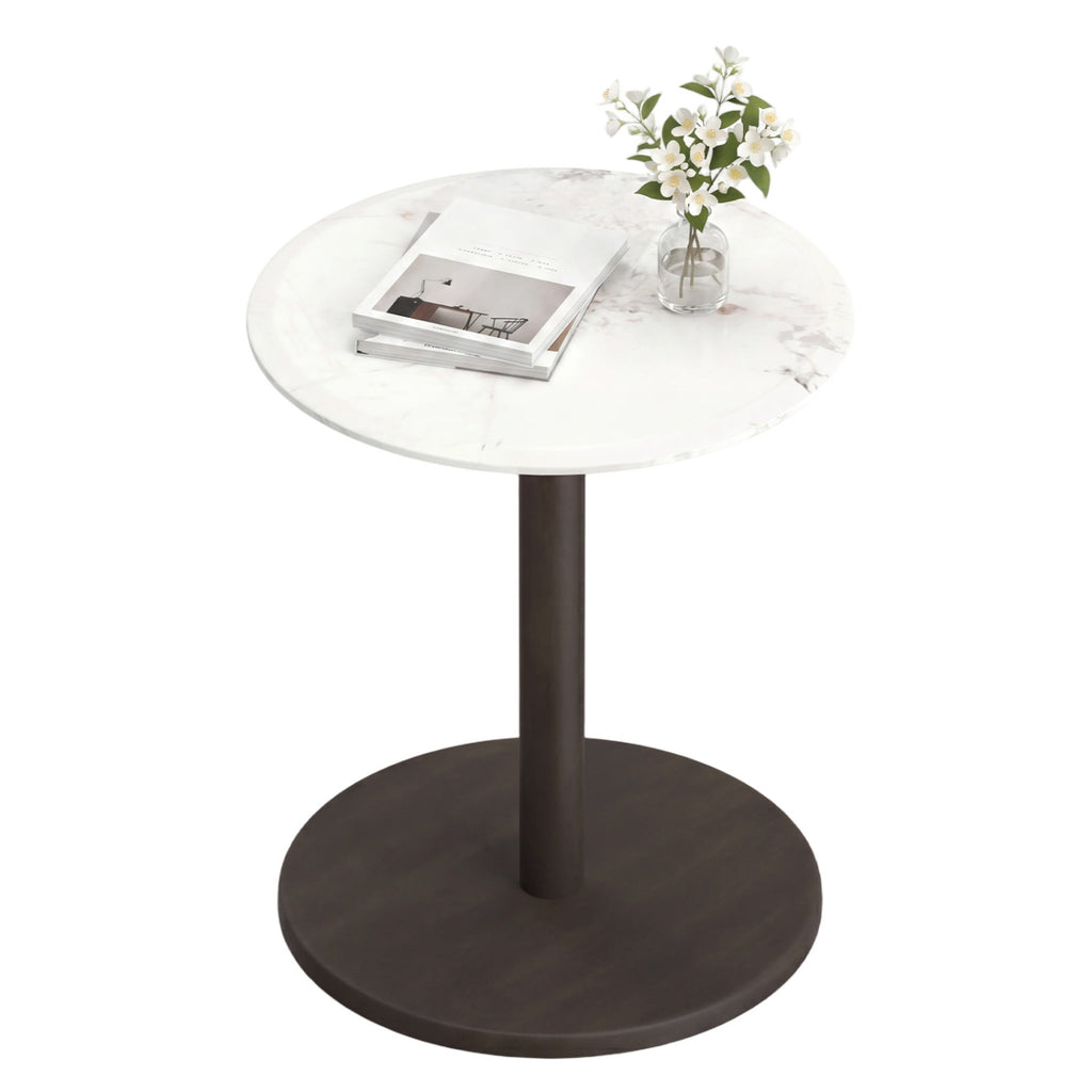 Round Marble Side Table with Wood Pedestal Base – Black & White