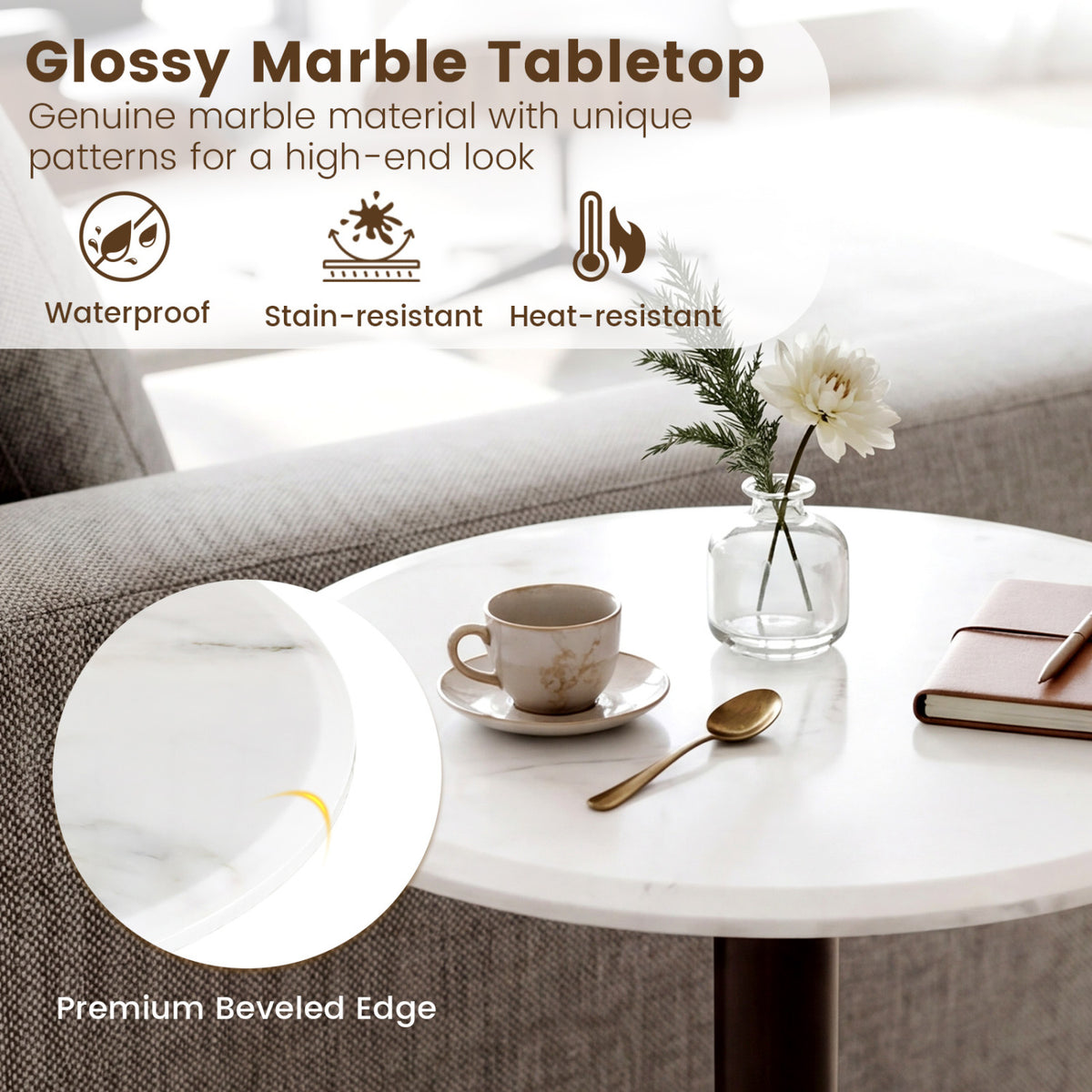 Round Marble Side Table with Wood Pedestal Base – Black & White