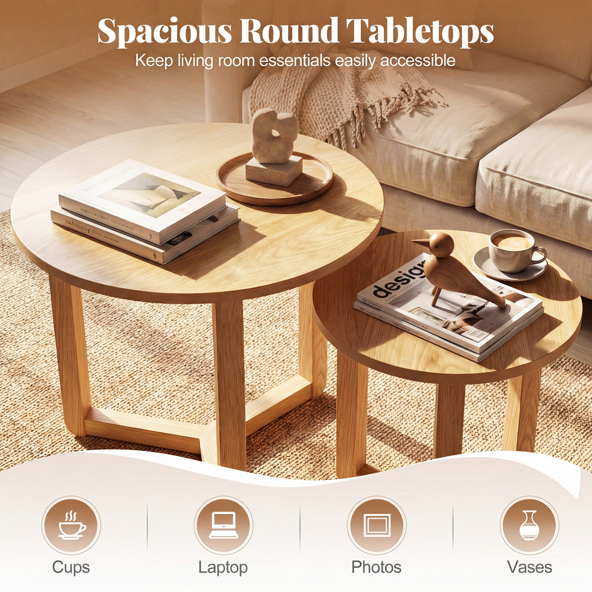 Round Nesting Coffee Table Set of 2 - Natural, Tripod Structure