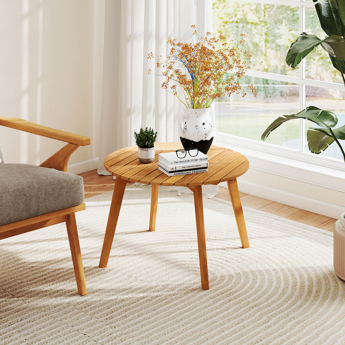 24.5" Round Acacia Wood Outdoor Side Table