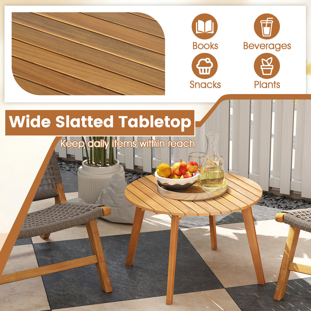 24.5" Round Acacia Wood Outdoor Side Table
