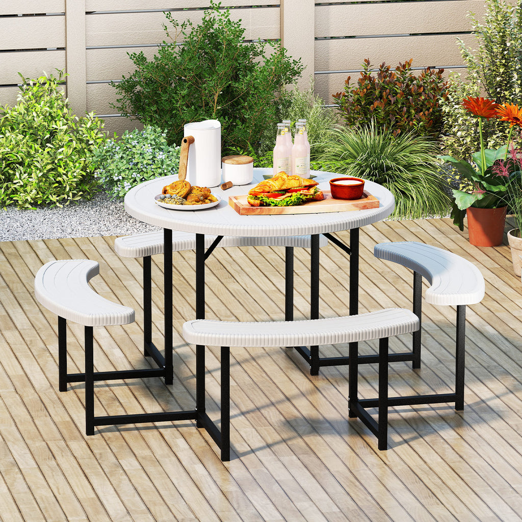8-Person Round Picnic Table with 4 Benches & Umbrella Hole - 37" Green