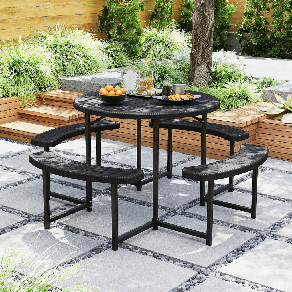 8-Person Round Picnic Table with 4 Benches & Umbrella Hole - 37" Black