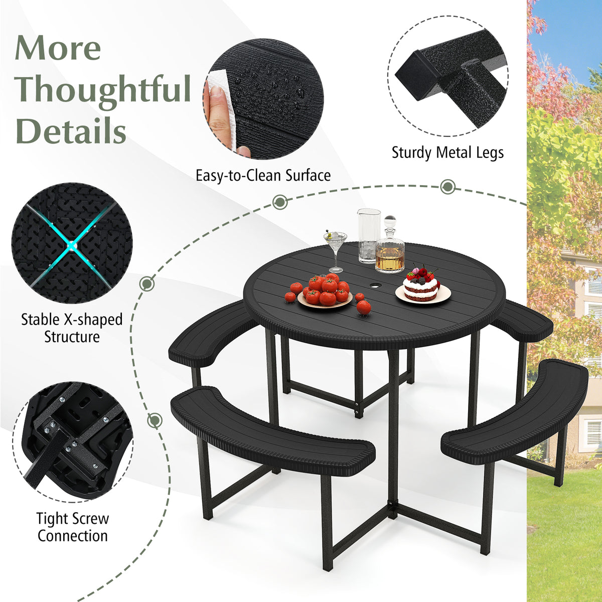 8-Person Round Picnic Table with 4 Benches & Umbrella Hole - 37" Black