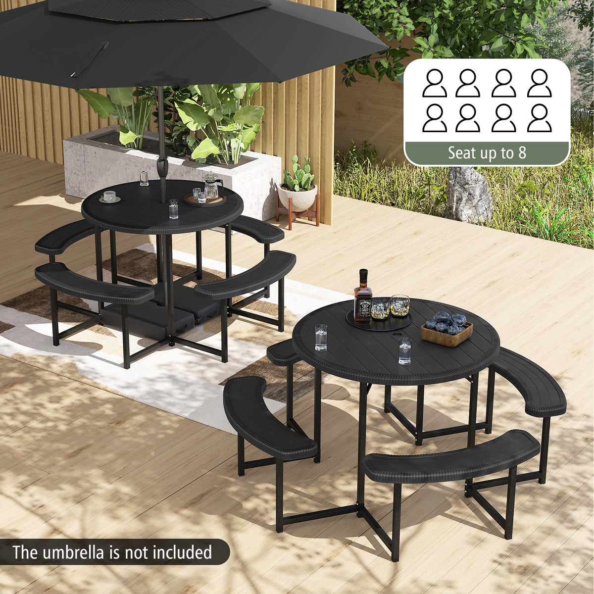8-Person Round Picnic Table with 4 Benches & Umbrella Hole - 37" Black