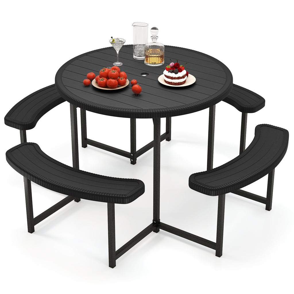 8-Person Round Picnic Table with 4 Benches & Umbrella Hole - 37" Black