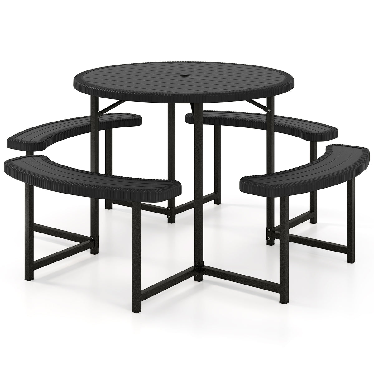 8-Person Round Picnic Table with 4 Benches & Umbrella Hole - 37" Black