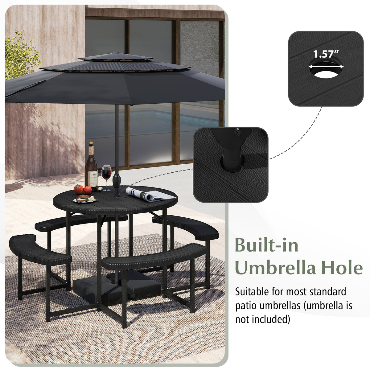 8-Person Round Picnic Table with 4 Benches & Umbrella Hole - 37" Black