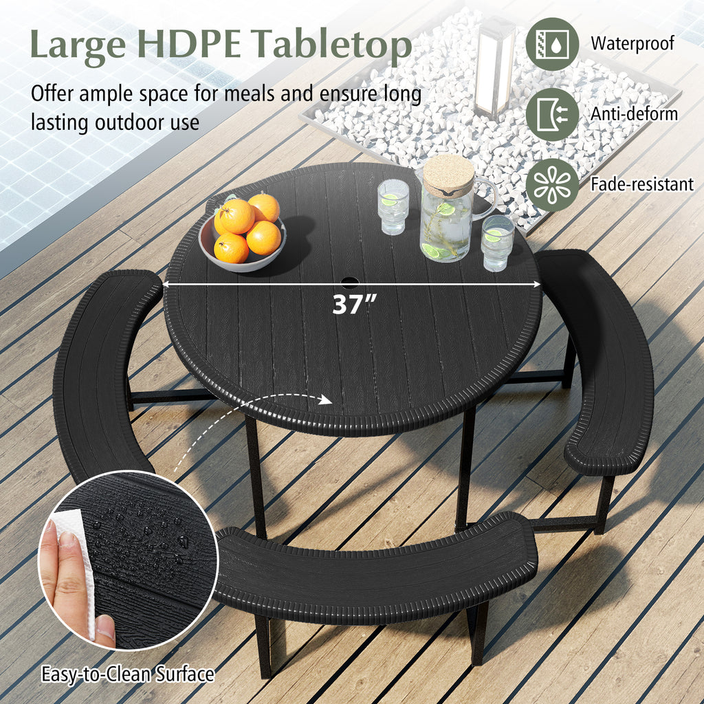 8-Person Round Picnic Table with 4 Benches & Umbrella Hole - 37" Black