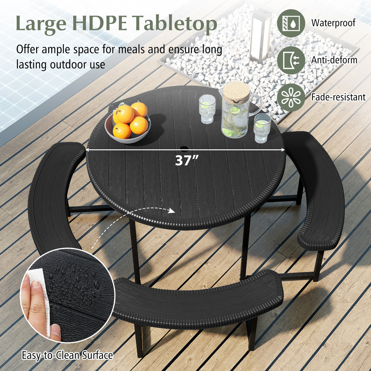 8-Person Round Picnic Table with 4 Benches & Umbrella Hole - 37" Black