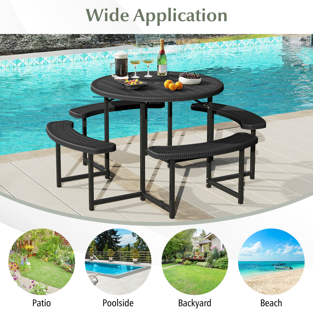 8-Person Round Picnic Table with 4 Benches & Umbrella Hole - 37" Black