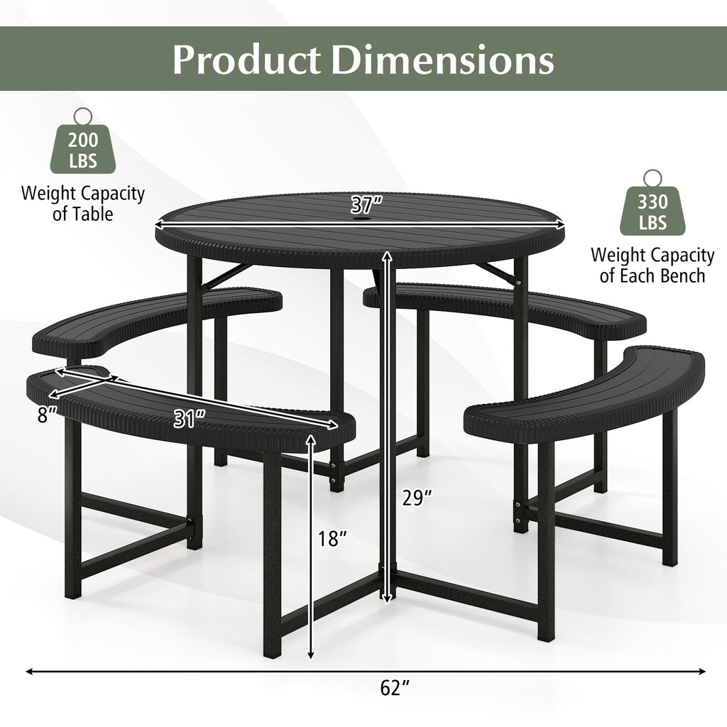 8-Person Round Picnic Table with 4 Benches & Umbrella Hole - 37" Black