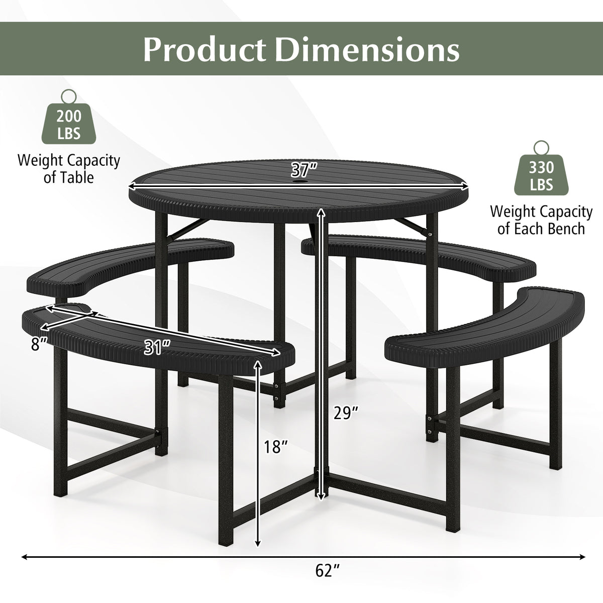 8-Person Round Picnic Table with 4 Benches & Umbrella Hole - 37" Black