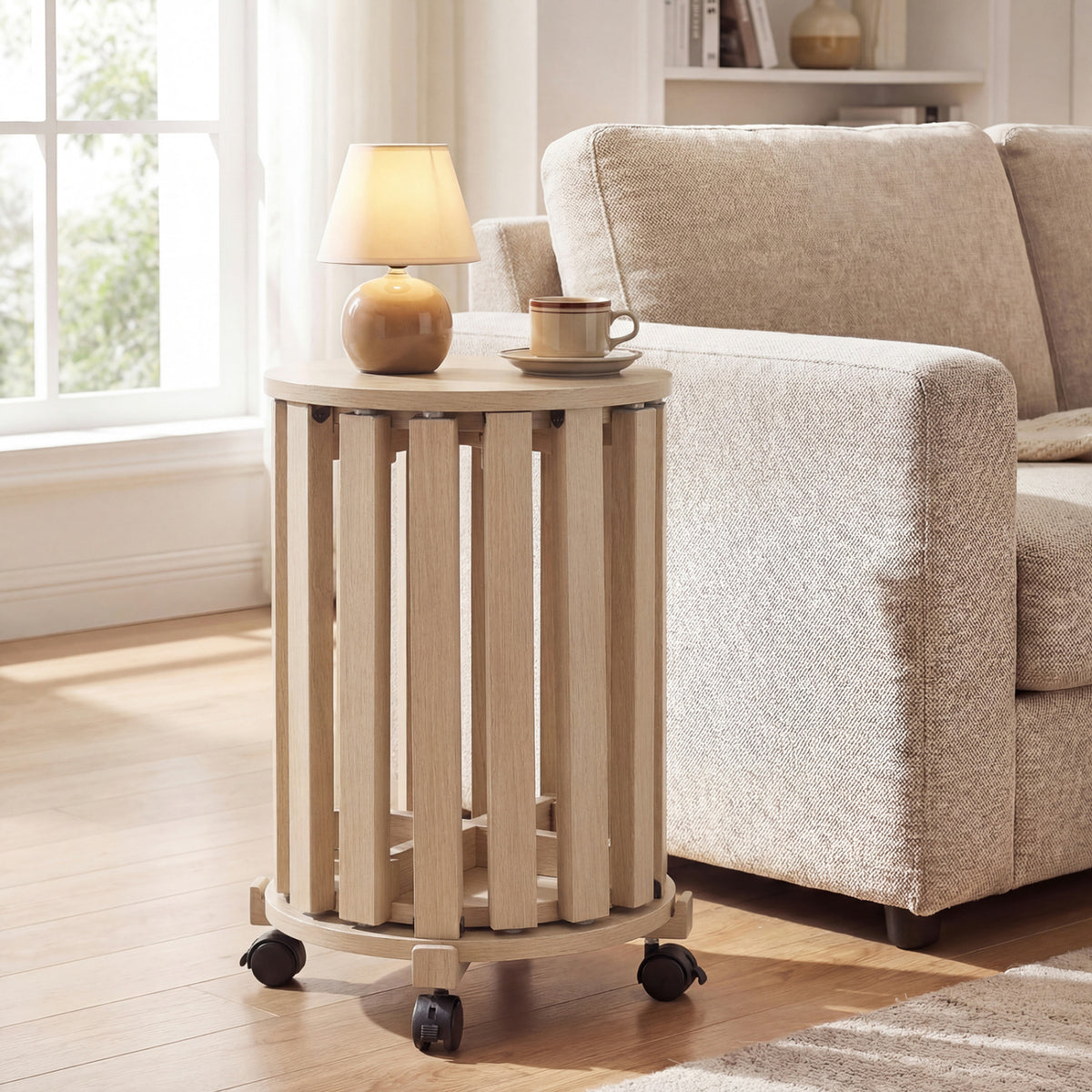 Round Portable Wood Nesting Stools with Locking Casters - Natural