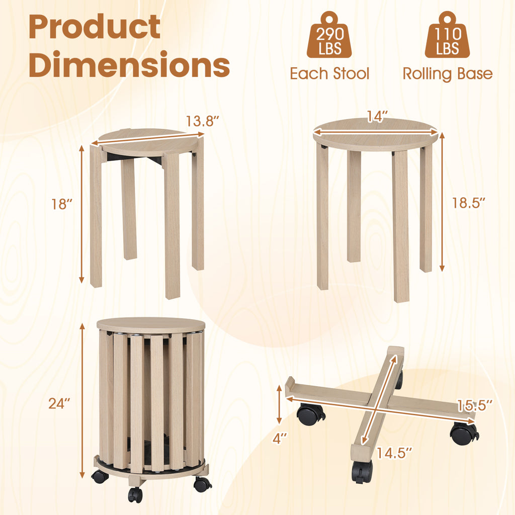 Round Portable Wood Nesting Stools with Locking Casters - Natural