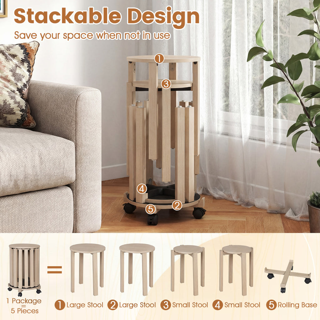 Round Nesting Stools with Locking Casters - Natural