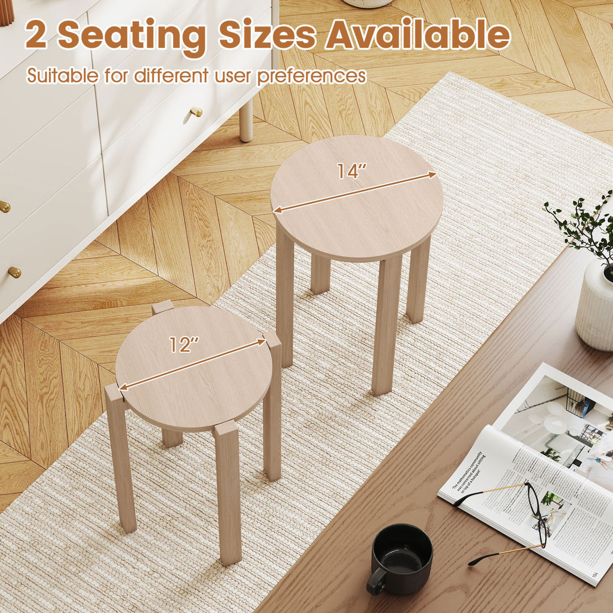 Round Nesting Stools with Locking Casters - Natural