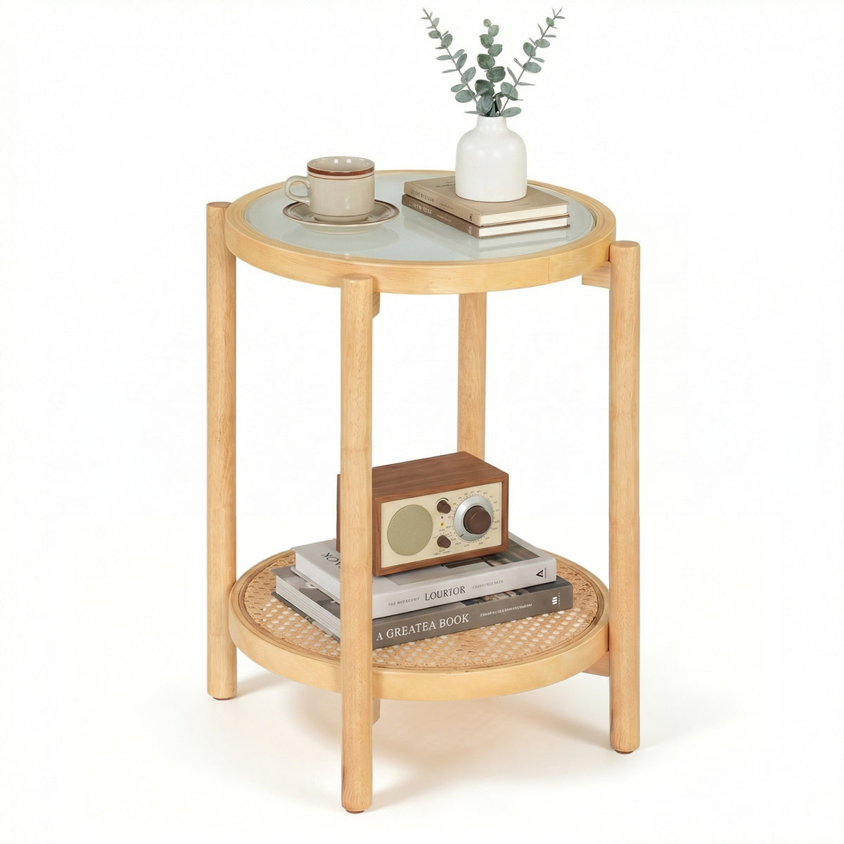 Round Side Table 2-Tier Boho End Table with Tempered Glass Top - Natural
