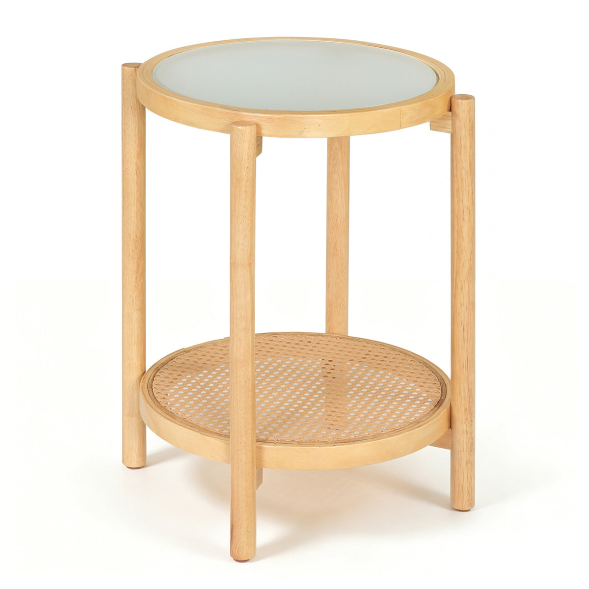 Round Side Table 2-Tier Boho End Table with Tempered Glass Top - Natural