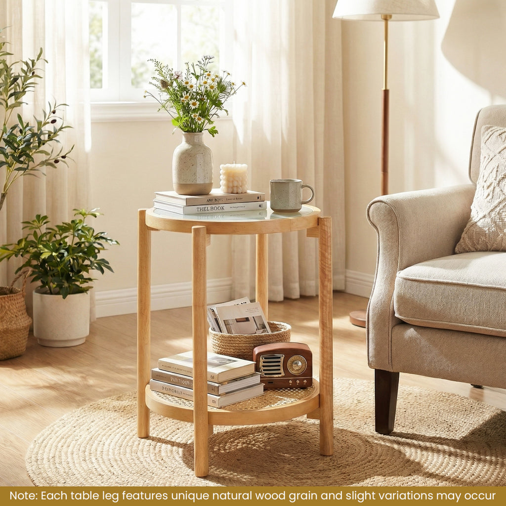 Round Side Table 2-Tier Boho End Table with Tempered Glass Top - Natural