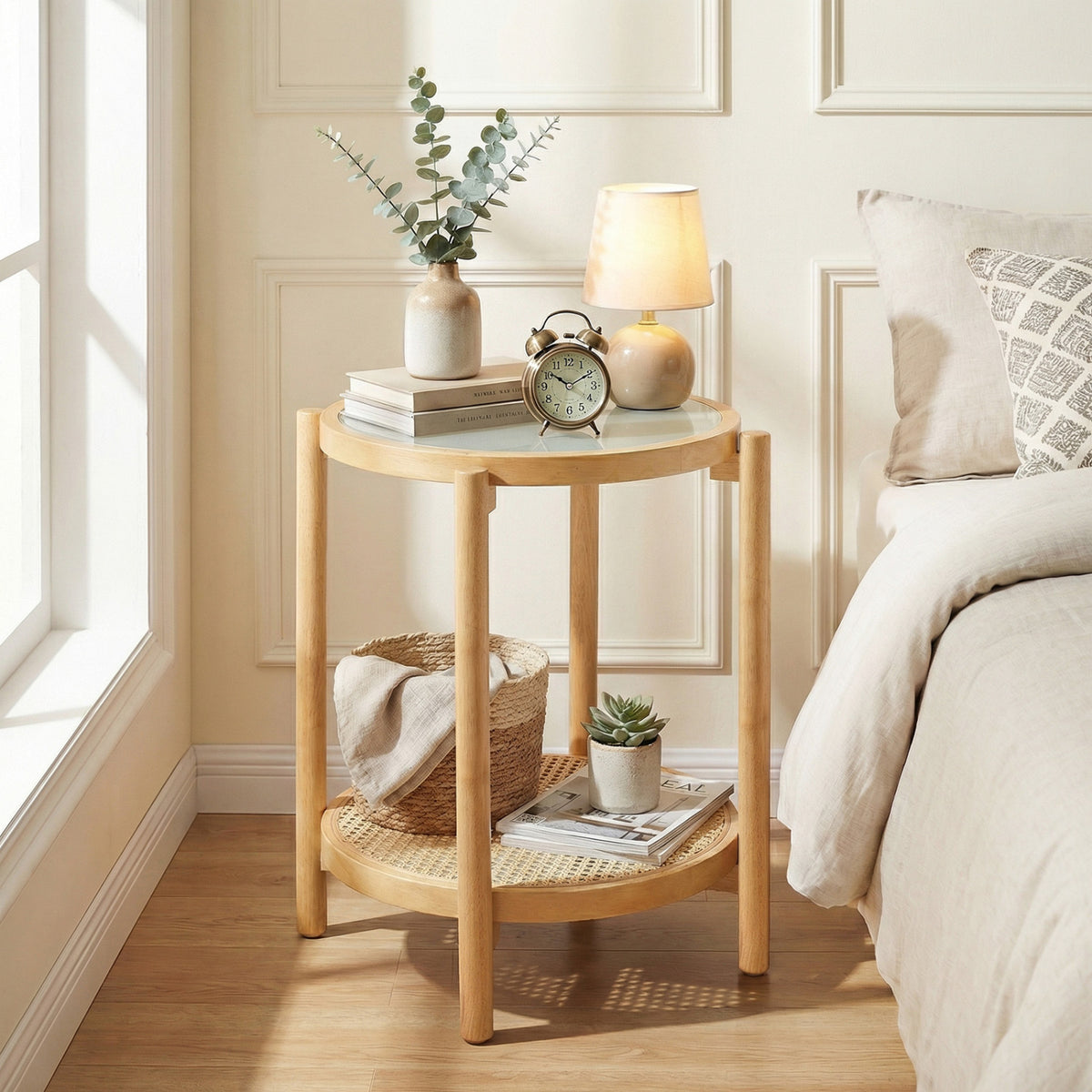 Round Side Table 2-Tier Boho End Table with Tempered Glass Top - Natural