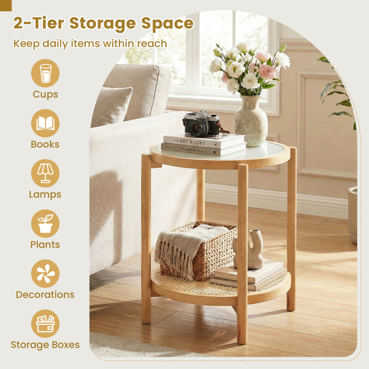 Round Side Table 2-Tier Boho End Table with Tempered Glass Top - Natural