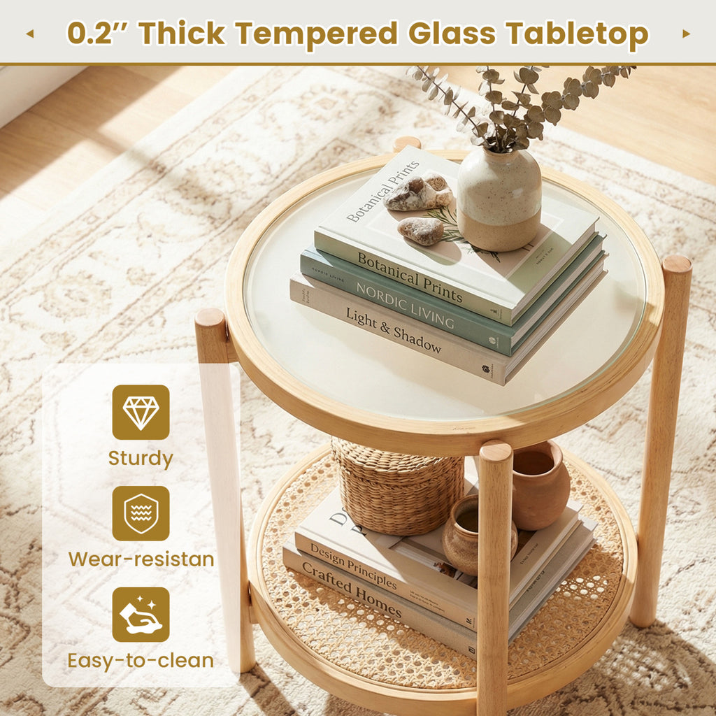 Round Side Table 2-Tier Boho End Table with Tempered Glass Top - Natural