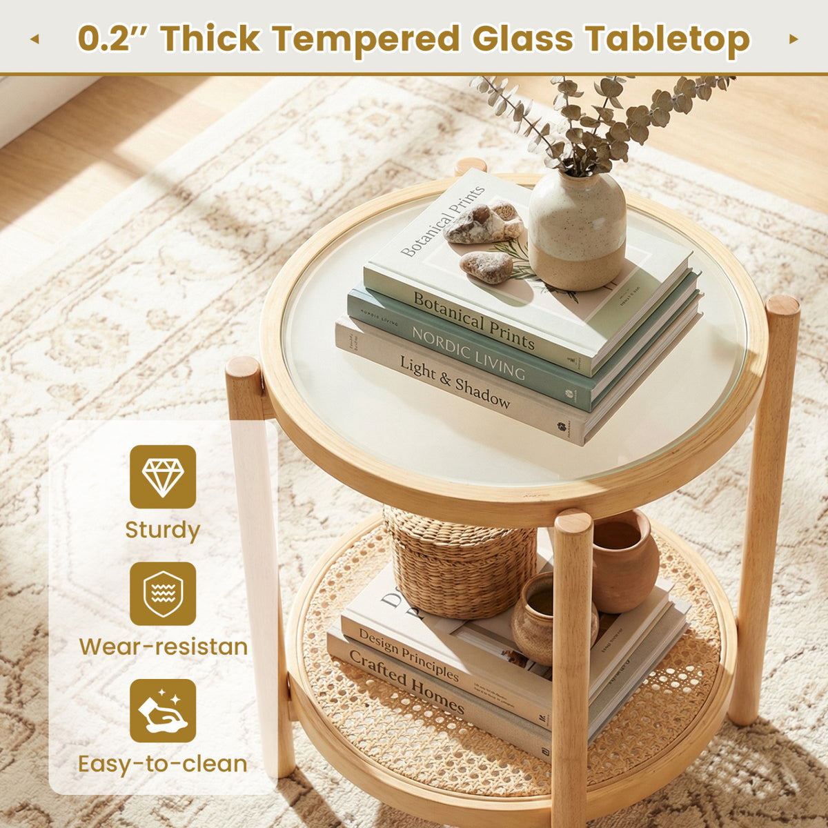 Round Side Table 2-Tier Boho End Table with Tempered Glass Top - Natural