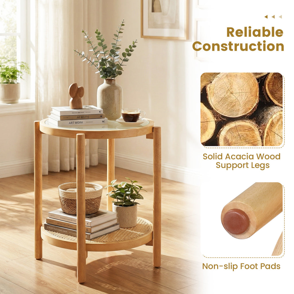 Round Side Table 2-Tier Boho End Table with Tempered Glass Top - Natural