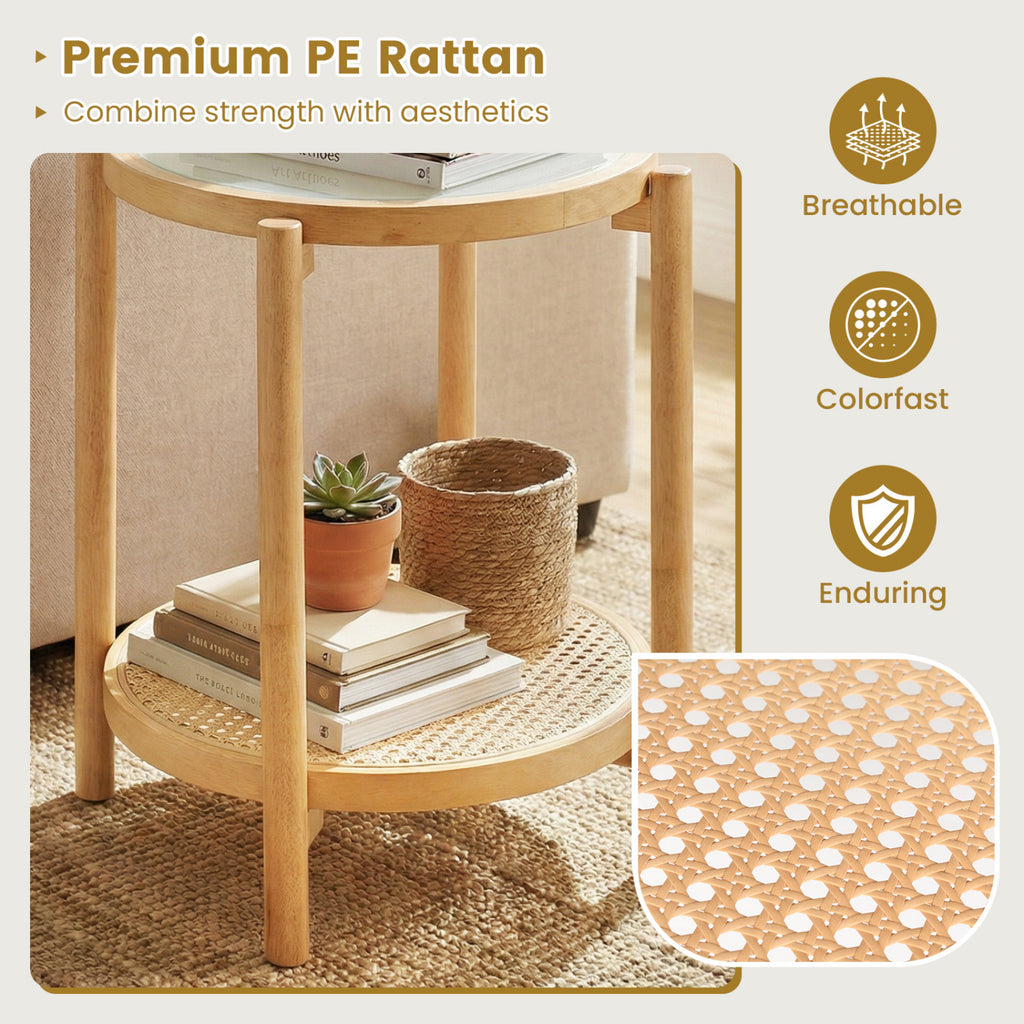 Round Side Table 2-Tier Boho End Table with Tempered Glass Top - Natural