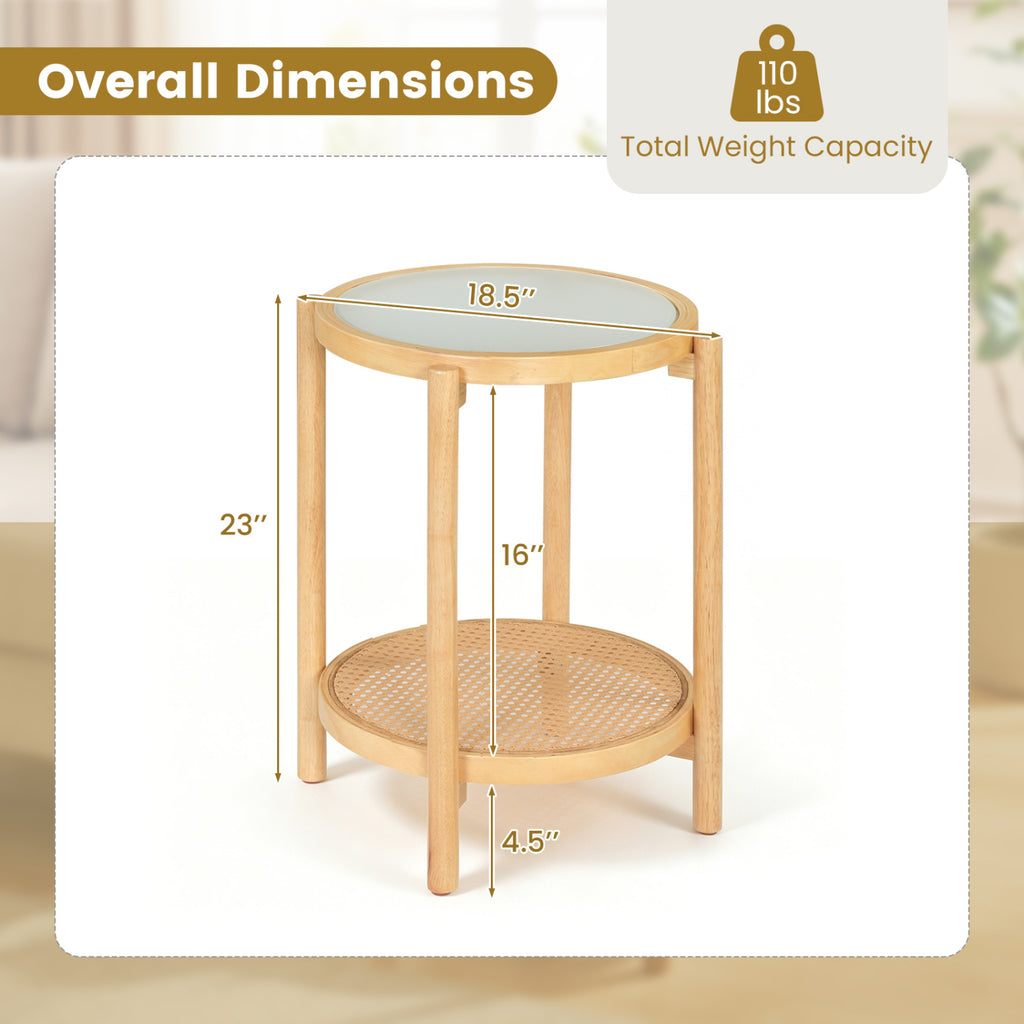 Round Side Table 2-Tier Boho End Table with Tempered Glass Top - Natural
