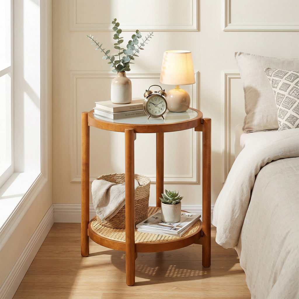 Round Side Table 2-Tier Boho End Table with Tempered Glass Top - Natural