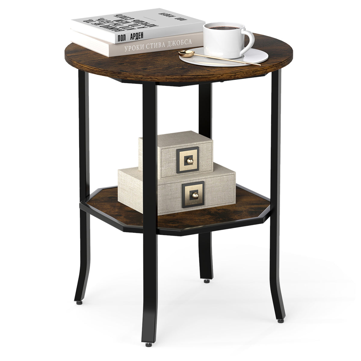 Round Side Table with Storage Shelf, Rustic Brown