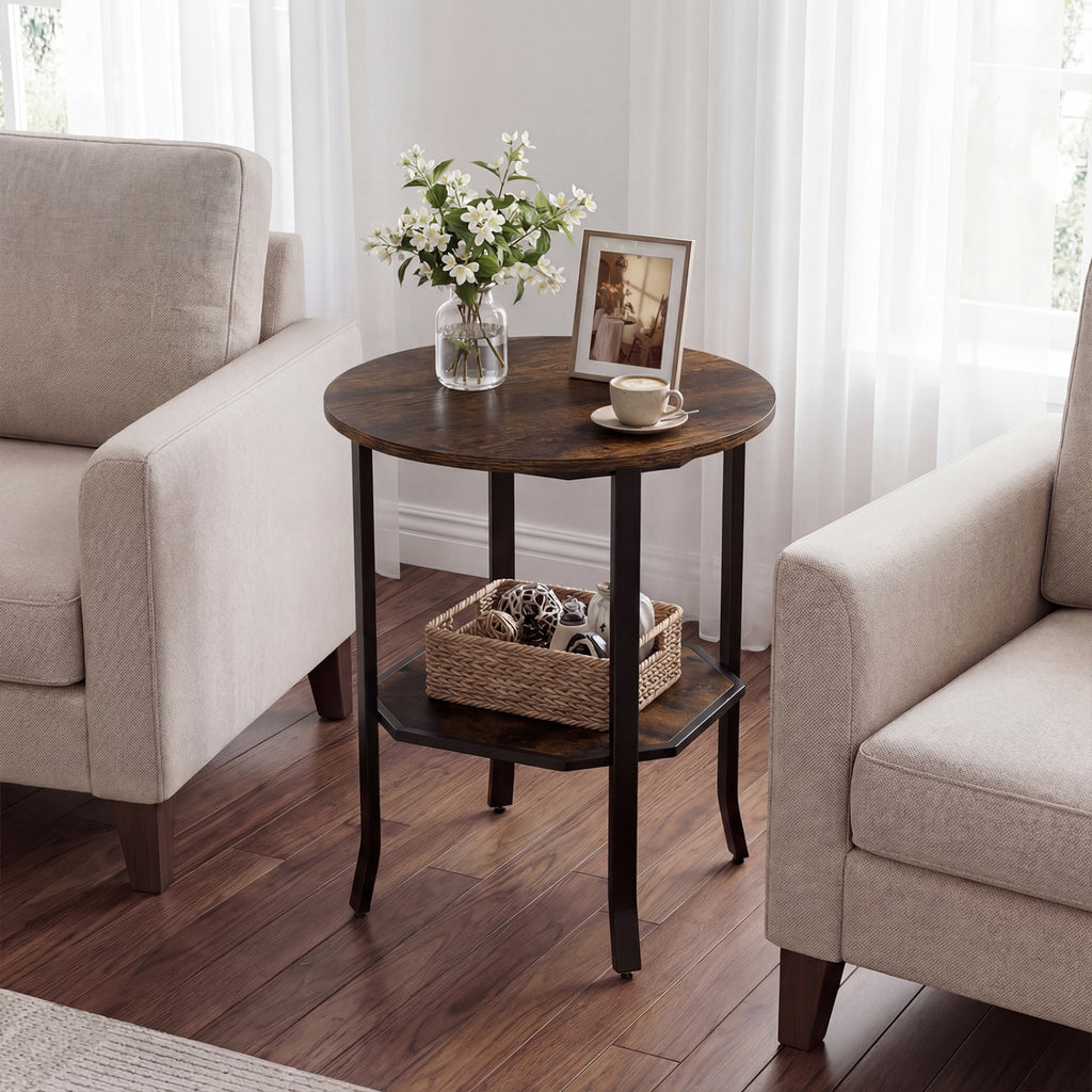 Round Side Table with Storage Shelf, Rustic Brown