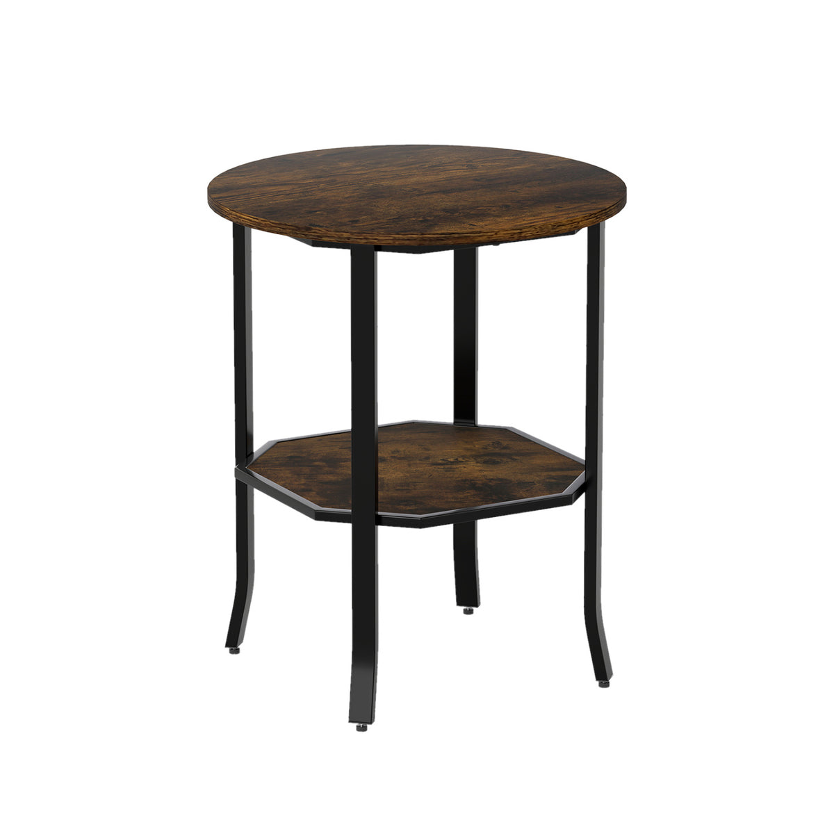 Round Side Table with Storage Shelf, Rustic Brown
