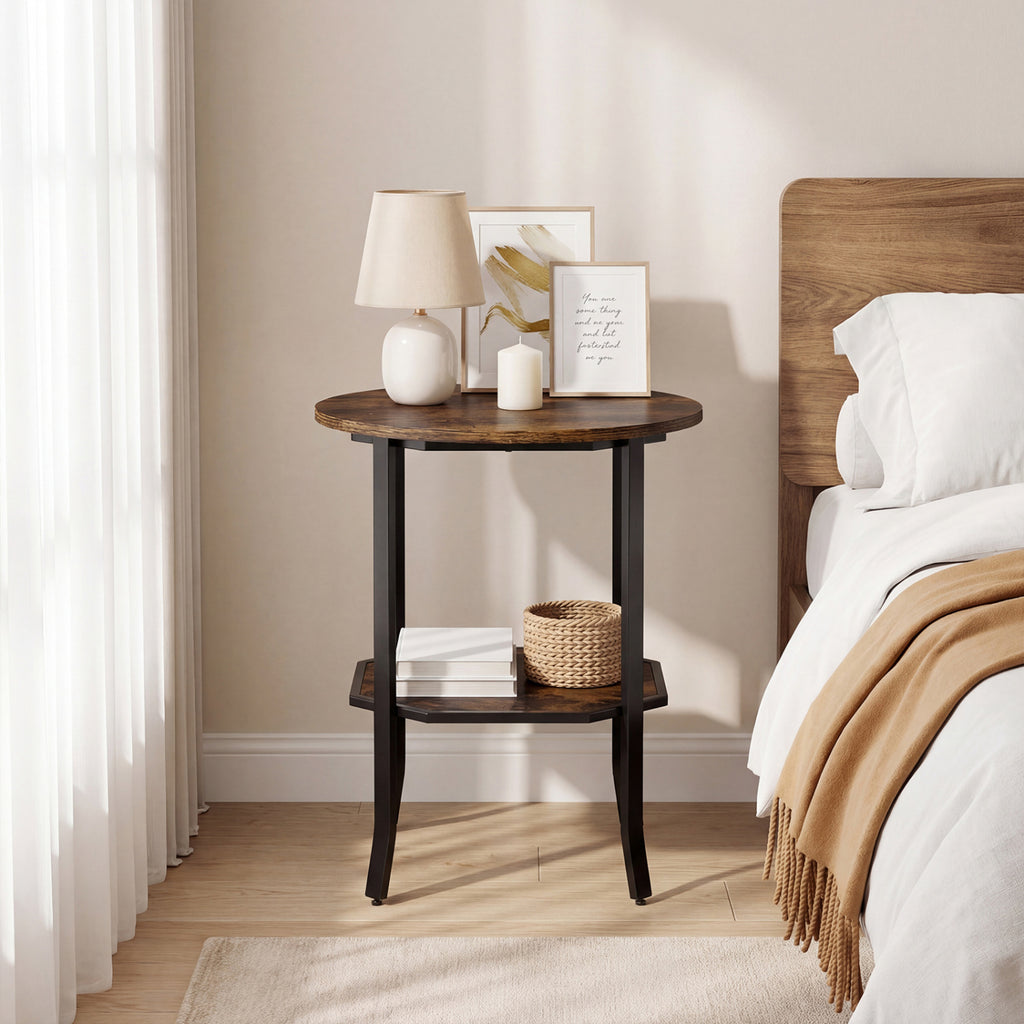 Round Side Table with Storage Shelf, Rustic Brown