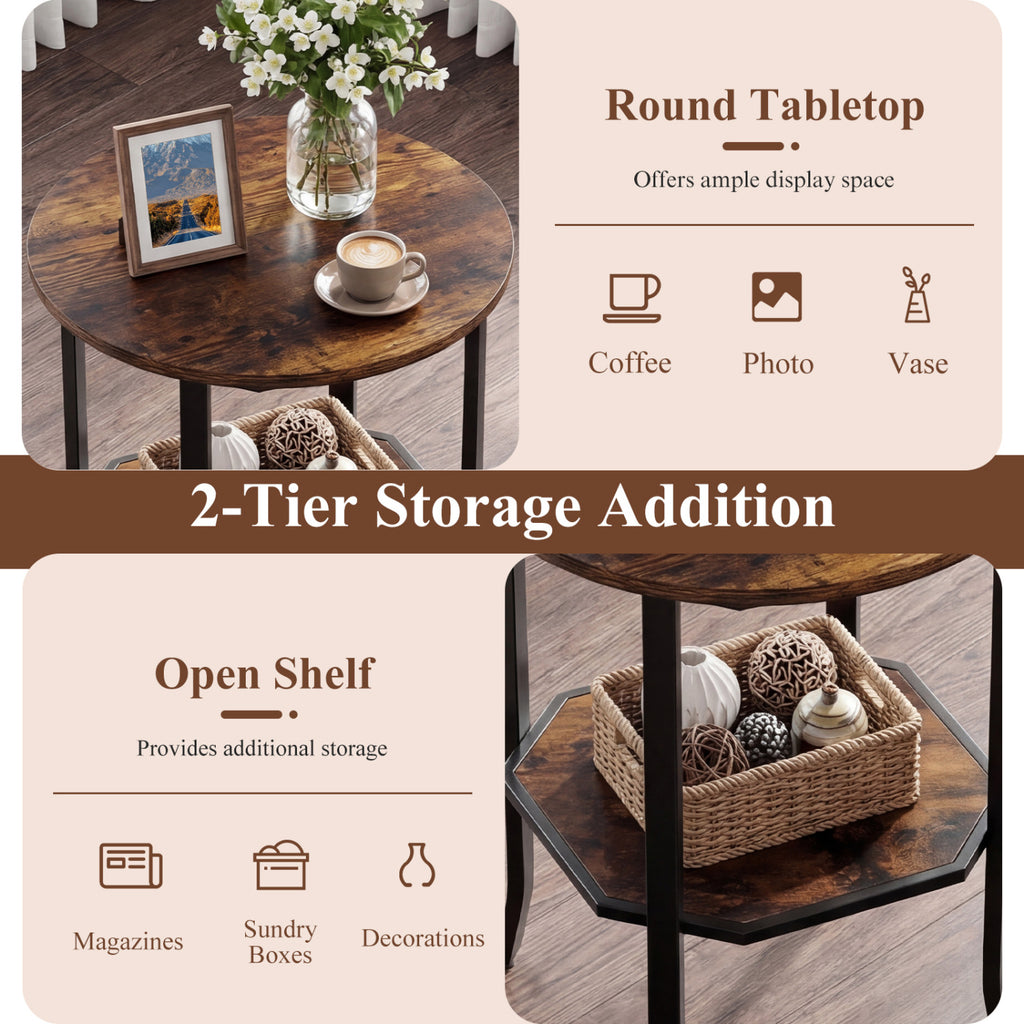 Round Side Table with Storage Shelf, Rustic Brown