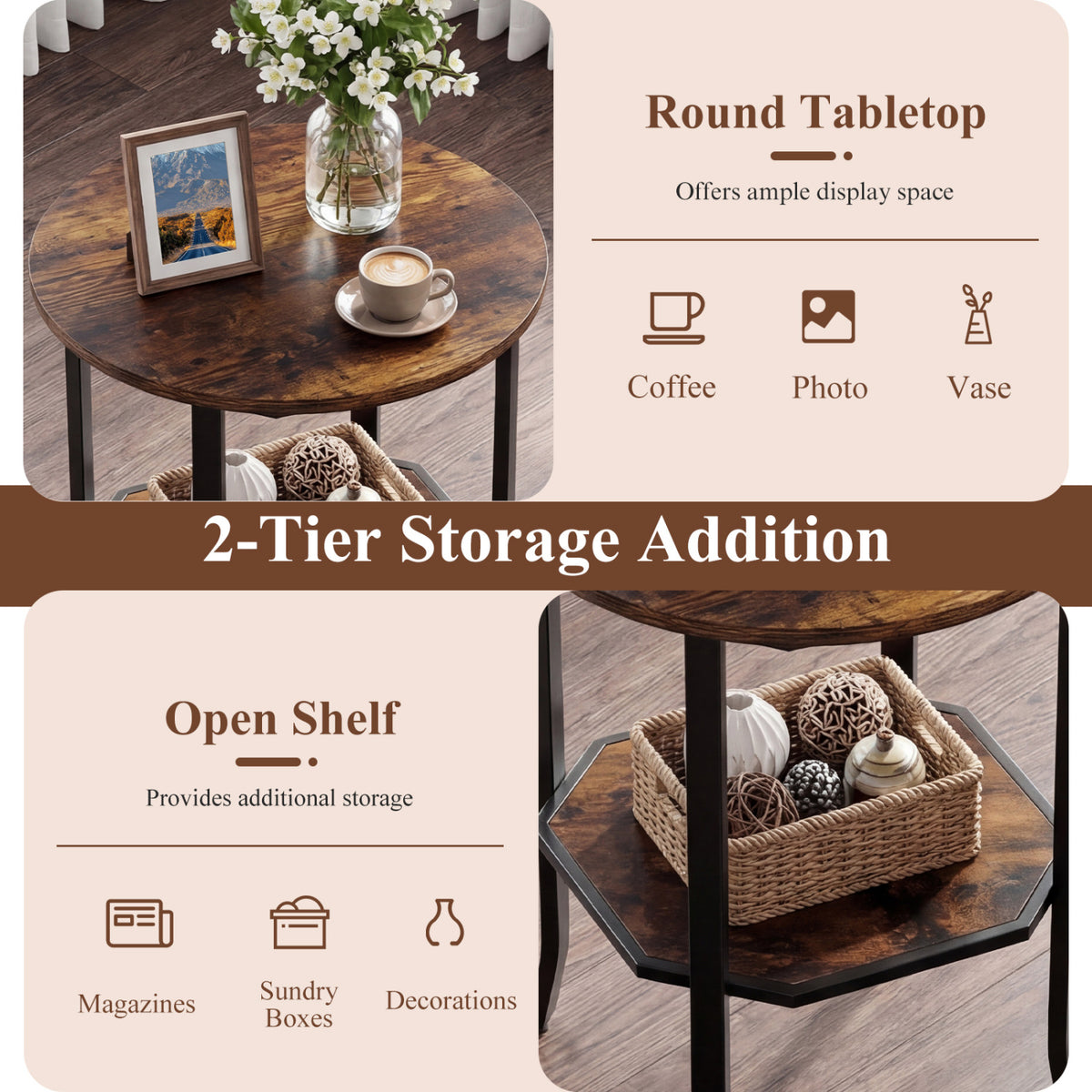 Round Side Table with Storage Shelf, Rustic Brown