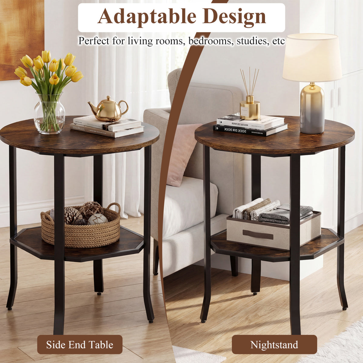 Round Side Table with Storage Shelf, Rustic Brown