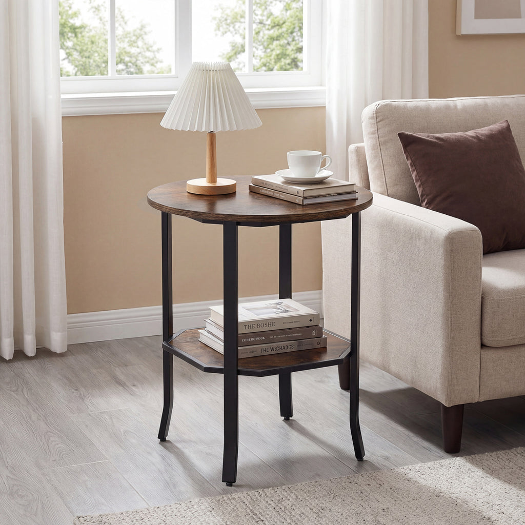 Round Side Table with Storage Shelf, Rustic Brown