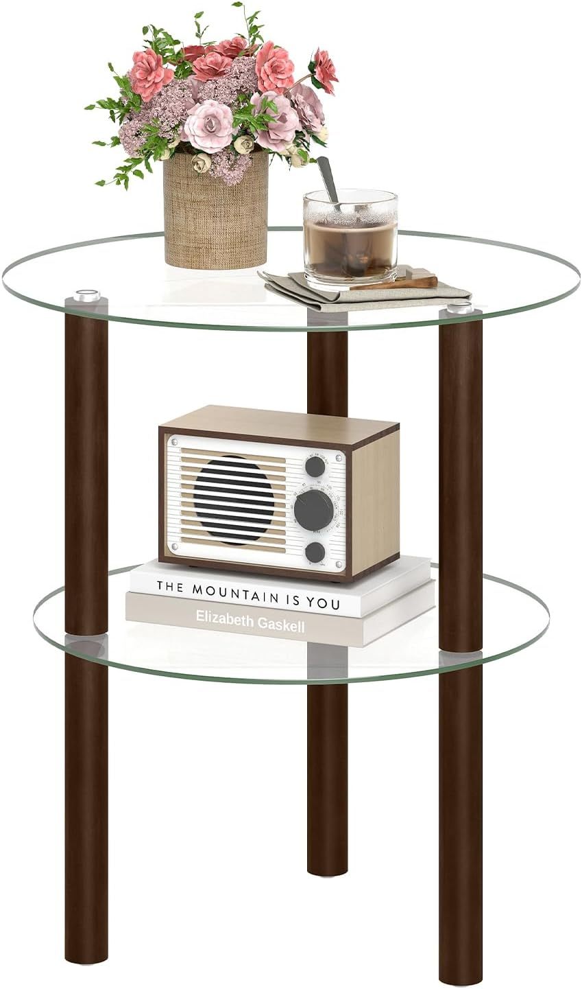 Round End Table with Tempered Glass Top & Shelf - Brown