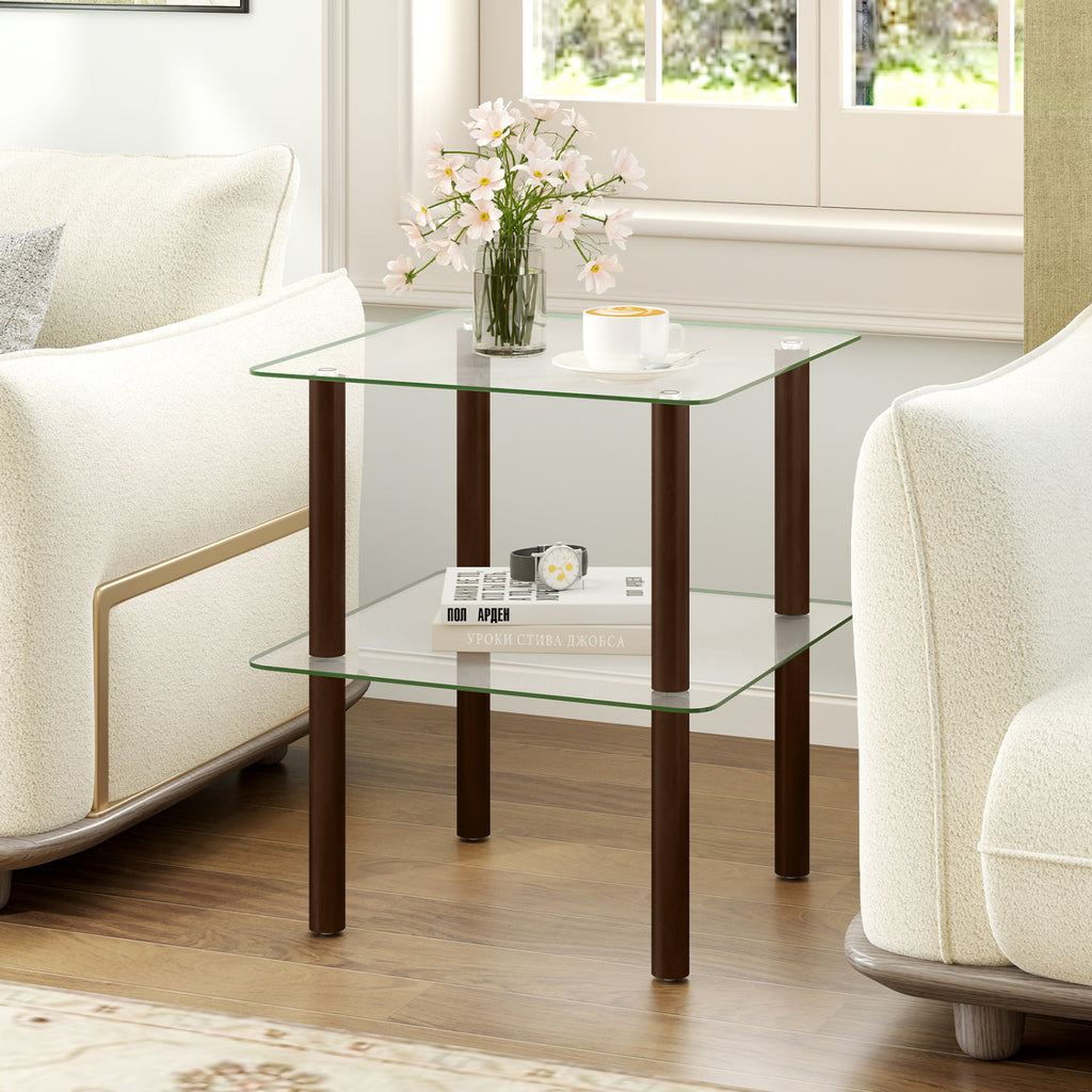 2-Tier End Table with Glass Top and Shelf - Brown, Square