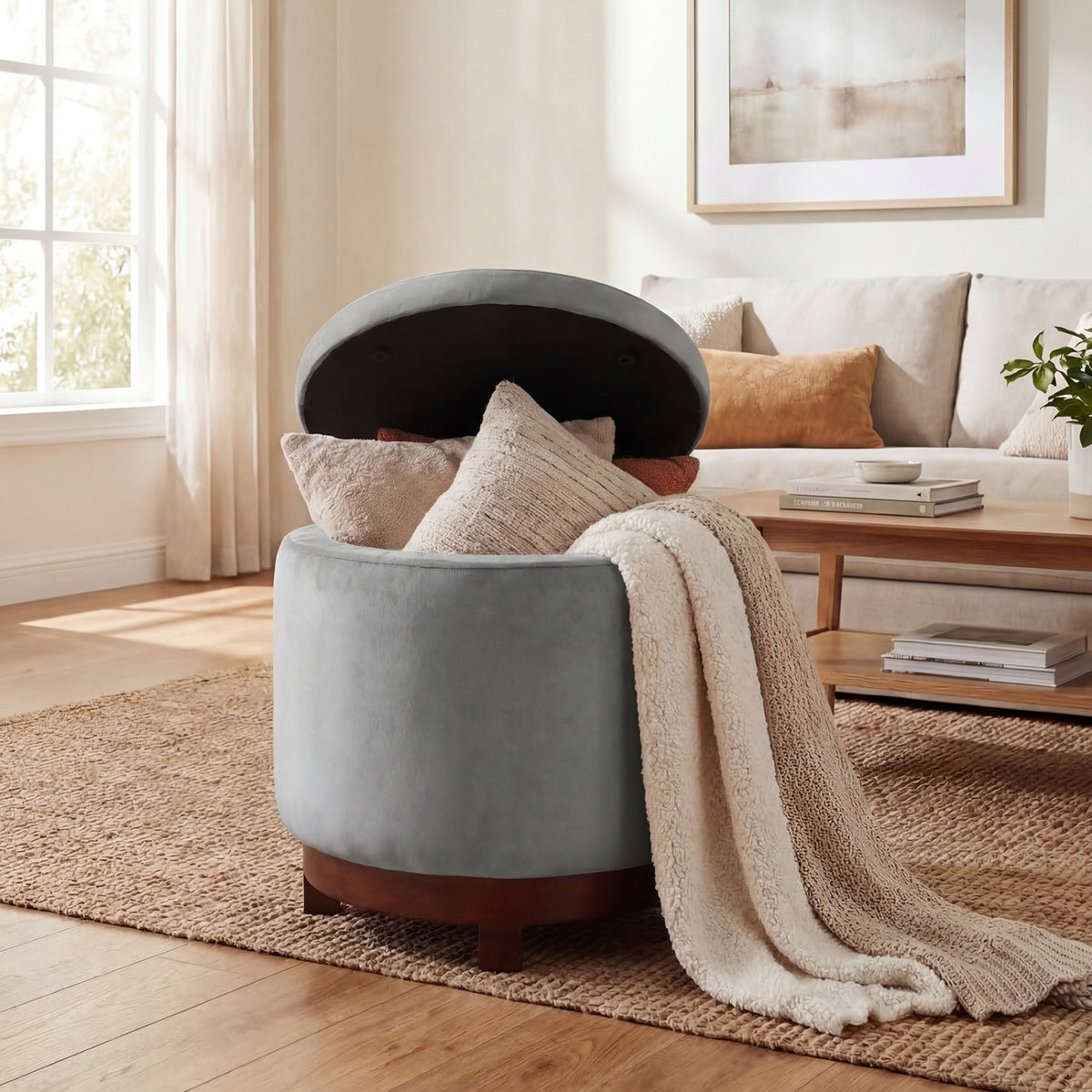 360° Swivel Ottoman with Hidden Storage - Gray Velvet