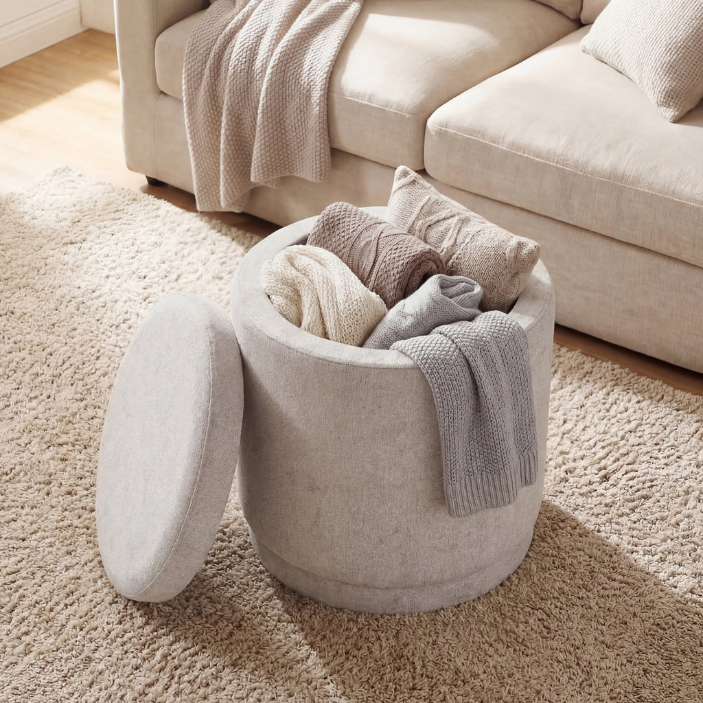 Round Storage Ottoman with Removable Lid, Beige Chenille