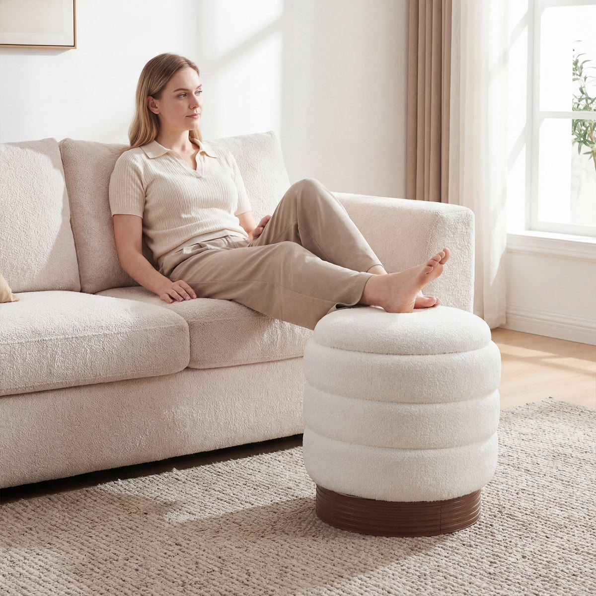 Round Storage Ottoman with Boucle Fabric – Gray, Acacia Wood